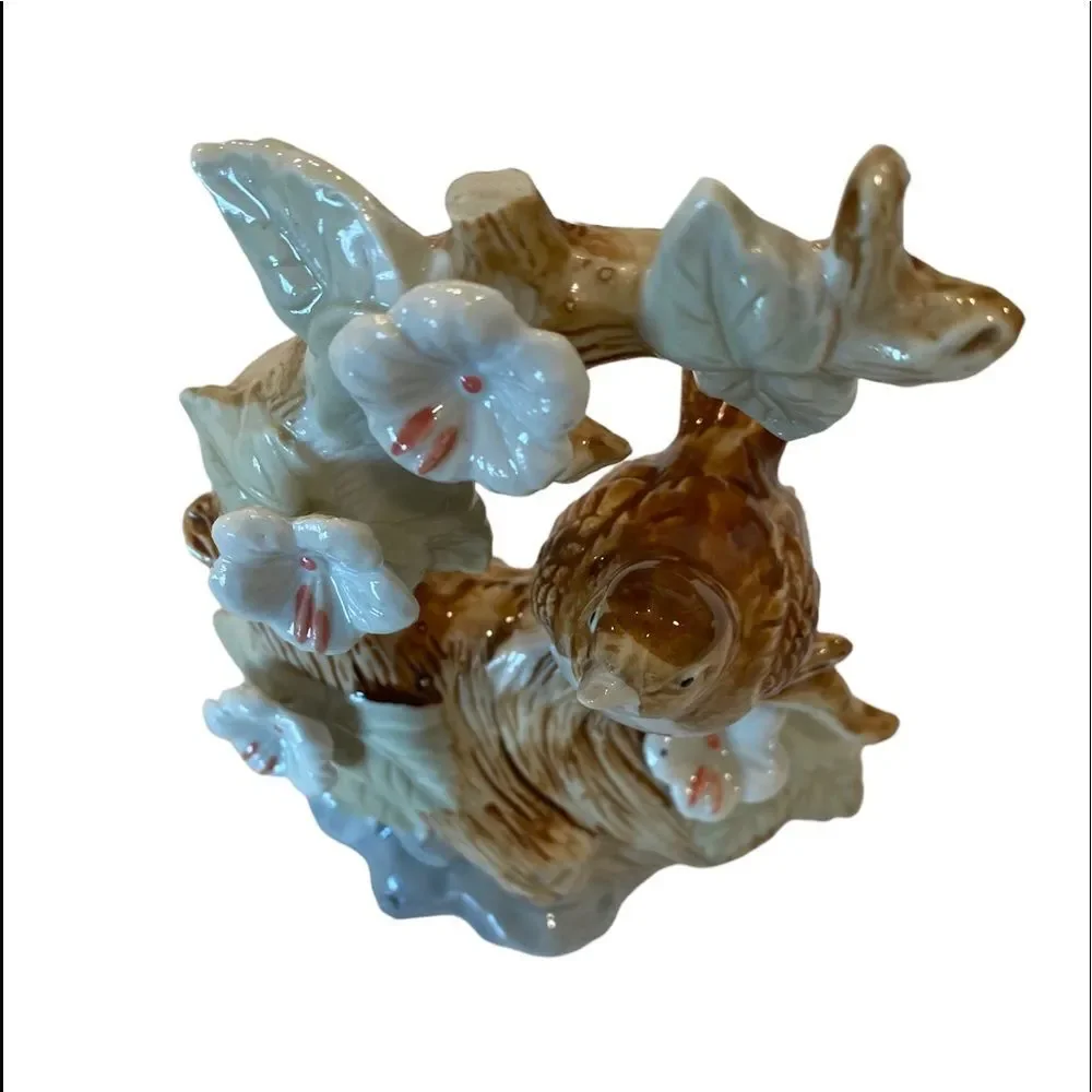 Collectible high gloss ceramic porcelain bird on perch surrounded by Holly Hocks - Picture 11 of 15